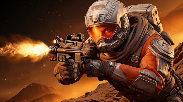 Photo scifi astronaut with a gun in desert digital concept illustration painting