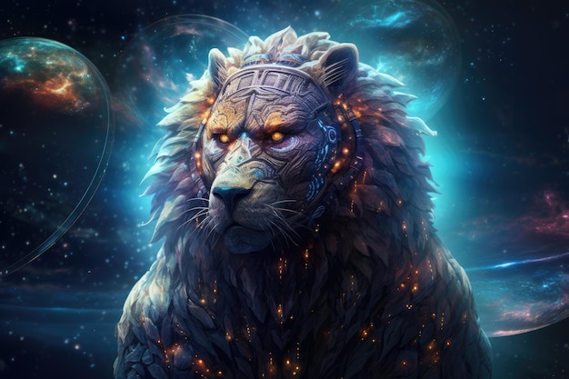 Scifi bearwild animal fantasy creature with colorful sky dark background Generative Ai