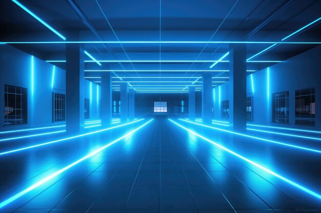 Scifi Big Wide Hall with Glowing Lights and Laser Reflective Floor