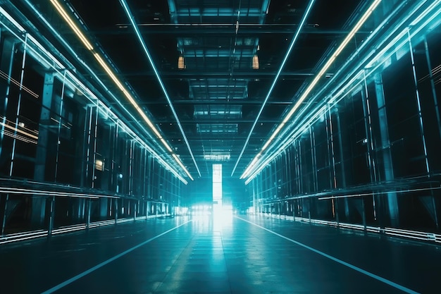 Scifi Big Wide Hall with Glowing Lights and Laser Reflective Floor