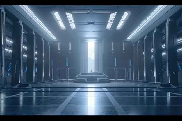 Scifi Big Wide Hall with Glowing Lights and Laser Reflective Floor