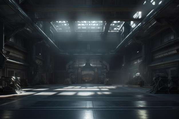 Scifi Big Wide Hall with Glowing Lights and Laser Reflective Floor