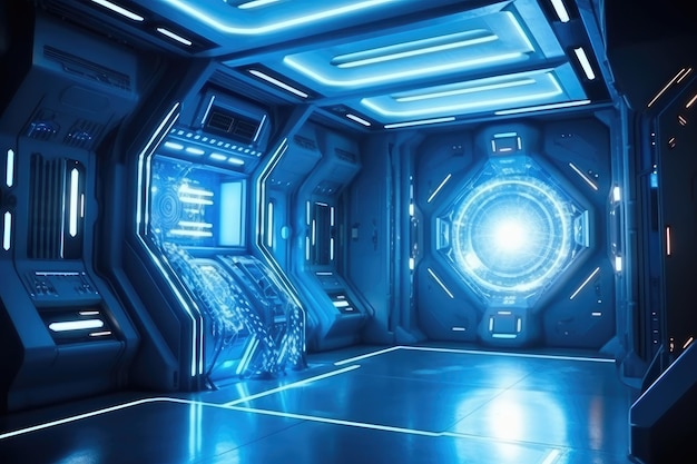 Scifi Big Wide Hall with Glowing Lights and Laser Reflective Floor