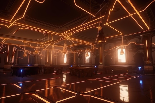 Scifi Big Wide Hall with Glowing Lights and Laser Reflective Floor