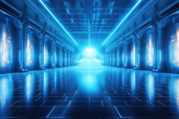 Scifi Big Wide Hall with Glowing Lights and Laser Reflective Floor