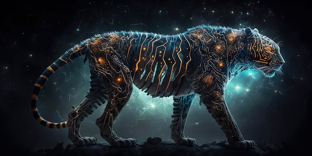 Scifi brain tigerlike creature god primordial beast creature embodying fauna fantasy creature with tigerlike patterned hide Milkyway with solar system fusion forest as background Generated by AI