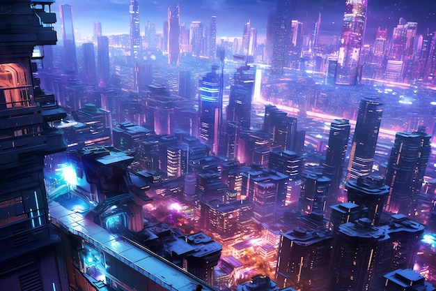 Scifi city with cool blue and purple tones