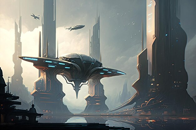 SciFi cityscape concept art of a futuristic city with soaring skyscrapers flying vehicles