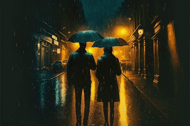 비 오는 밤에 골목을 걷고 있는 커플의 공상과학 개념 판타지 개념 그림 그림 생성 AI
