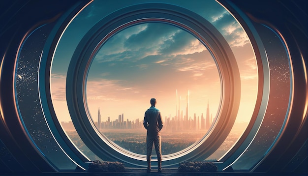 Scifi concept a man stands in front of a round window with a city in the background