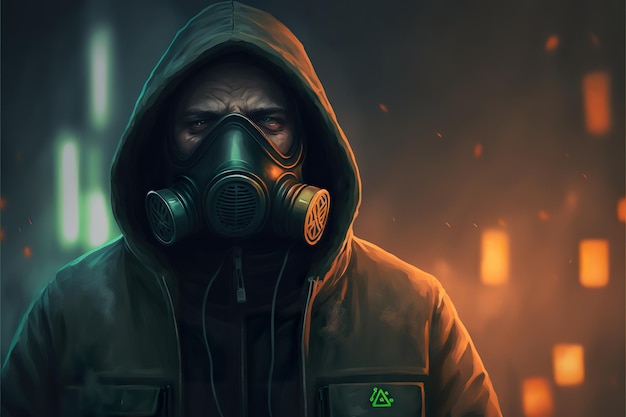 Scifi concept of man wearing a futuristic gas mask