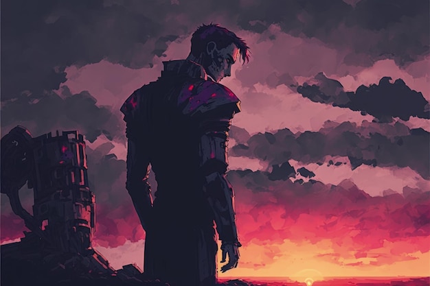 A scifi concept of a man with a bionic arm standing on ruined buildings gazing at the sunset sky Fantasy concept Illustration painting Generative AI