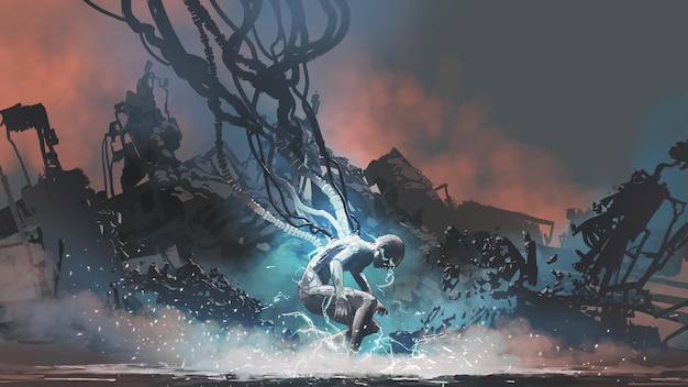 scifi concept showing a cyborg male recovering energy digital painting
