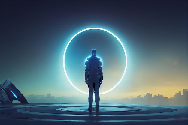 Scifi concept showing a man standing at the futuristic portal horizontal side view skyline