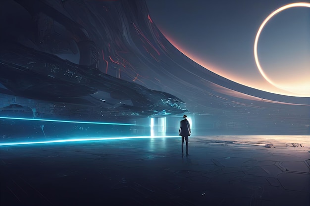 Scifi concept showing a man standing at the futuristic portal horizontal side view skyline