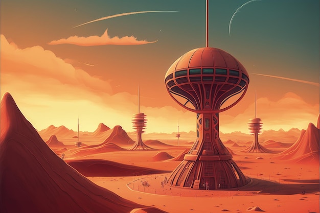 Scifi-constructie in een woestijnlandschap Fantasieconcept Illustratie schilderij Generatieve AI
