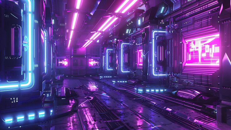 Foto scifi-corridor met gloeiende roze en blauwe neonlichten