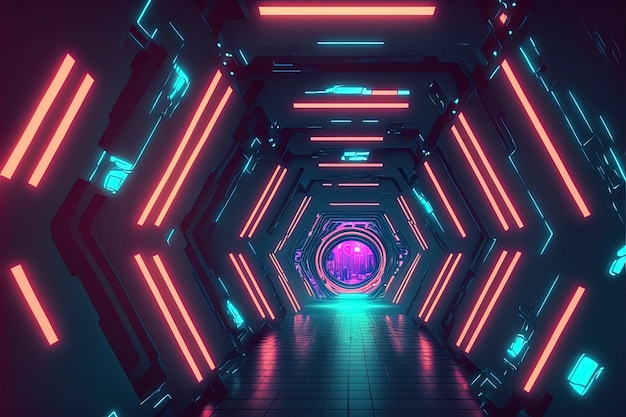 SciFi Cyber Futuristic Empty generative ai tunnel Background exit or goal ahead Abstract cyber or digital speedway concept Cyberpunk Cyber Synth Tunnel Corridor