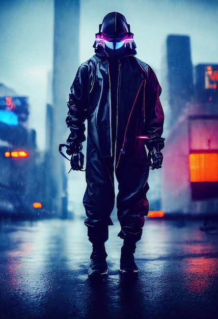 Scifi cyberpunk in the rainy city of the future Hightech futuristic man from the future