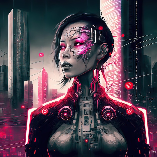 Una donna cyborg scifi ragazza cyborg samurai scifi una giovane ragazza in un abito corazzato futuristico sullo sfondo di una città notturna rendering 3d pittura di illustrazione in stile arte digitale