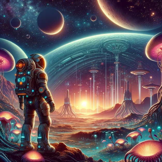 SciFi Dawn Astronaut Observes Otherworldly Metropolis