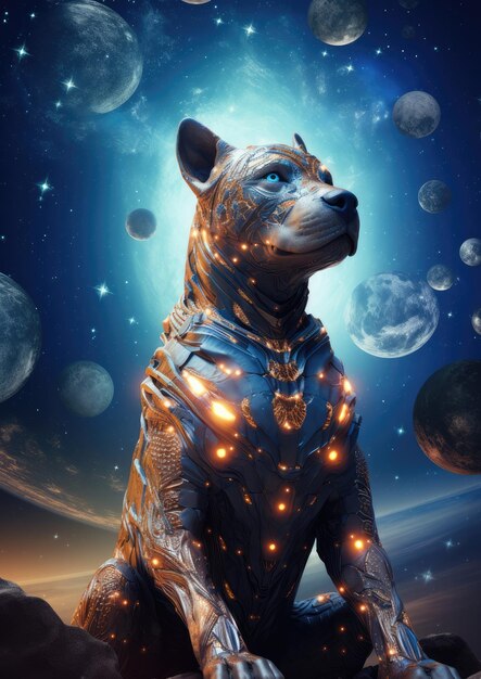 Scifi dog home animal fantasy creature with colorful sky dark background Generative Ai