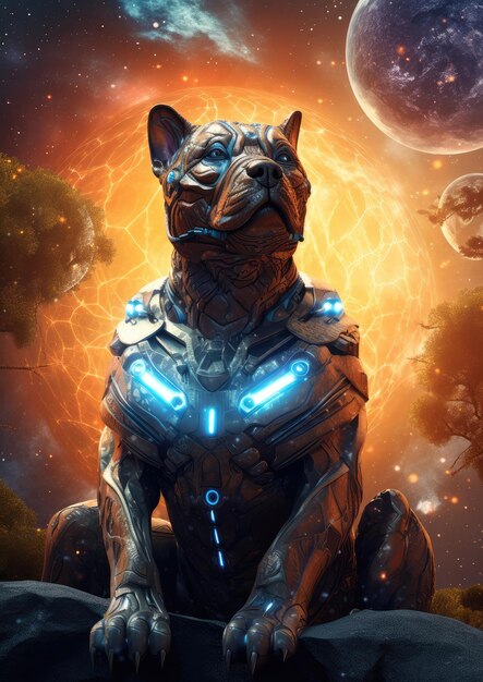 Scifi dog home animal fantasy creature with colorful sky dark background Generative Ai