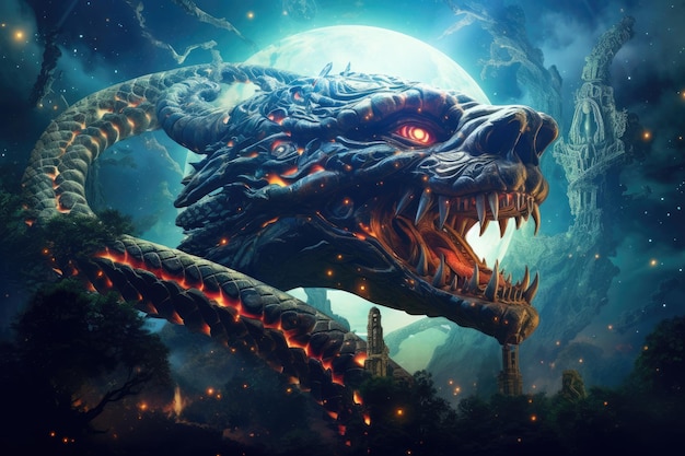 Scifi dragon unreal animal fantasy creature with colorful sky dark background Generative Ai