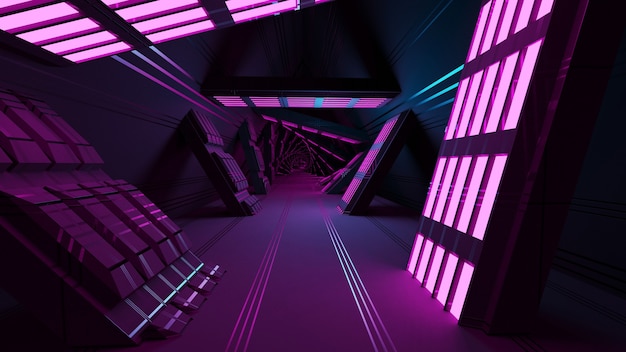 Scifi fantasie ruimte tunnel gang en abstracte 3d illustratie wallpaper achtergrond.