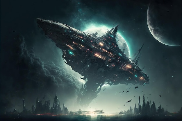 Scifi fantasy floating city in the vastness space