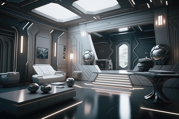 Scifi futuristic interior featuring sleek lines and metallic accents for a contemporary design