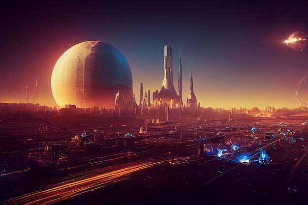 SciFi Futuristic Technology Metropolis Skyline on Alien Planet Art Illustration
