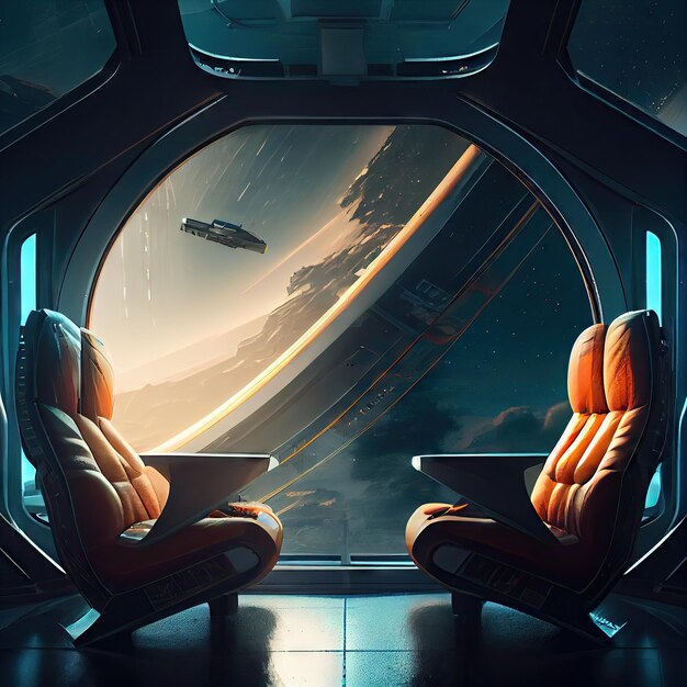 Foto scifi futuristisch interieur van ruimteschip met metalen stoelen voor een groot raam gemaakt met gener