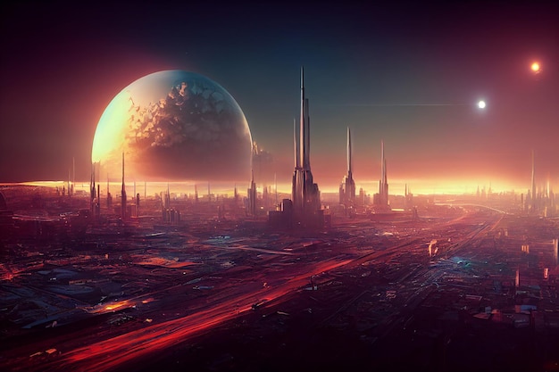 SciFi futuristische technologie Metropolis Skyline op buitenaardse planeet kunst illustratie