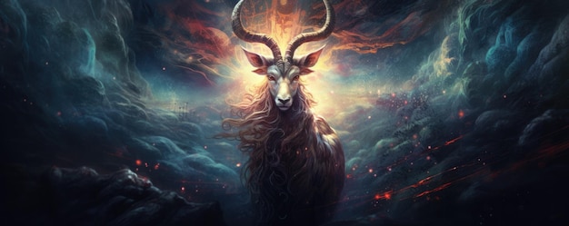 Scifi geit wild dier fantasie schepsel met kleurrijke hemel donkere achtergrond panorama Generative Ai