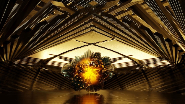 Scifi golden hall with abstract reactor Modern digital simulation cyberspace room