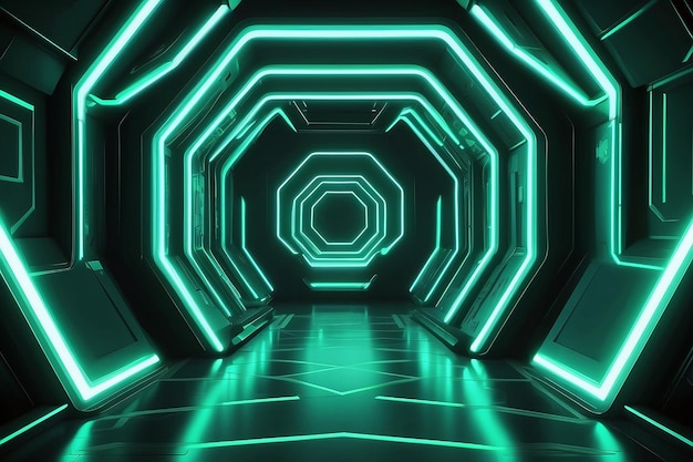 SciFi Green Glowing Neon Lights Hexagon Tunnel Futuristic Corridor 3D Rendering Abstract Achtergrondtextuur