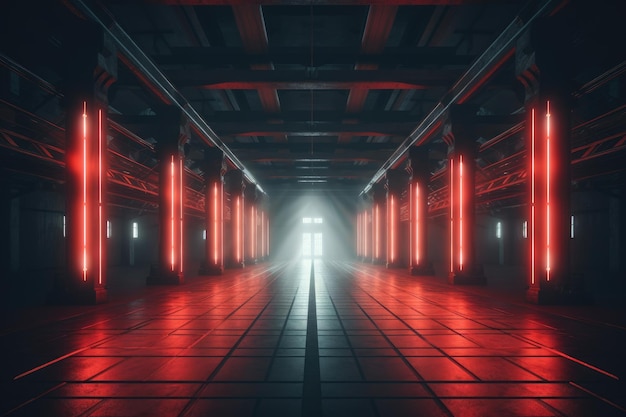 Scifi Grote Brede Zaal met Gloeiende Lichten en Laser Reflecterende Vloer