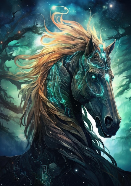 Scifi horse wild animal fantasy creature with colorful sky dark background Generative Ai