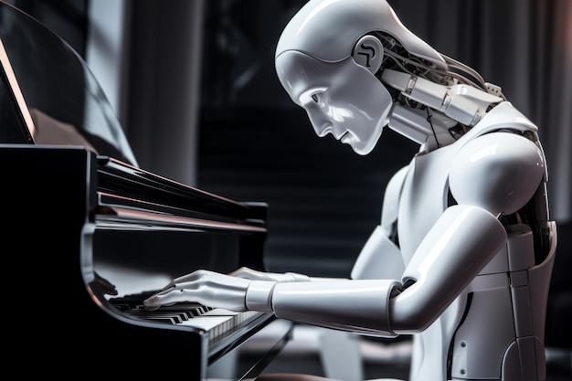 Photo scifi humanoid ai robot android plays piano robotic fingers touch stylish musical instrument