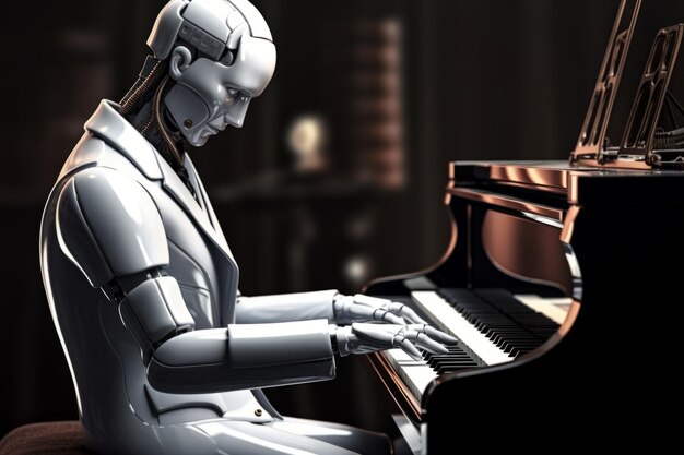 Scifi humanoid robot android plays piano robotic fingers touch stylish musical instrument notes