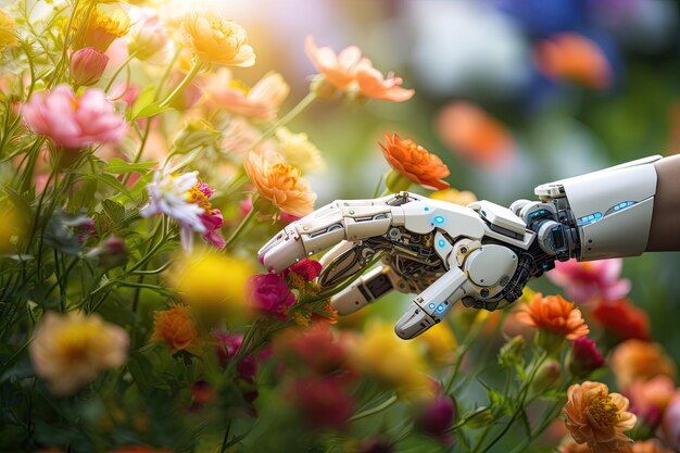 A scifi humanoid robot hand in a beautiful nature garden reaching out and touching beautiful flower