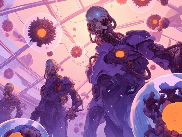 Scifi illustration of cyborg entities in a futuristic setting with a viral outbreak theme