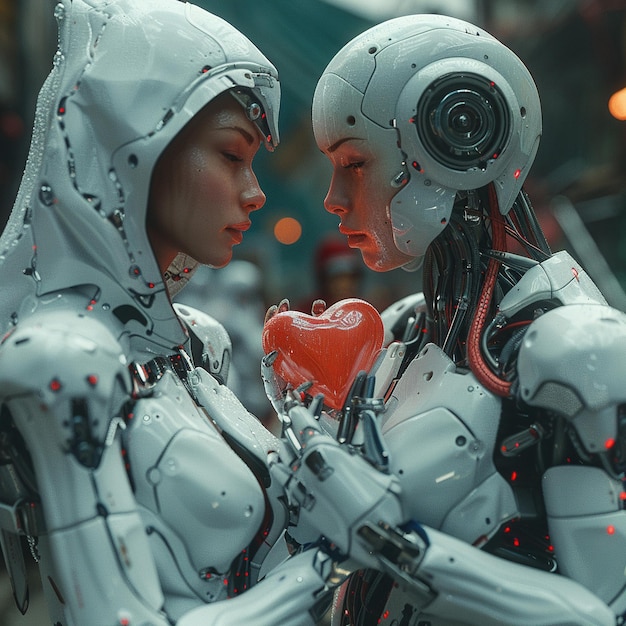 Scifi interpretatie van witte dagviering met androïden die hartvormige metalen tokens uitwisselen