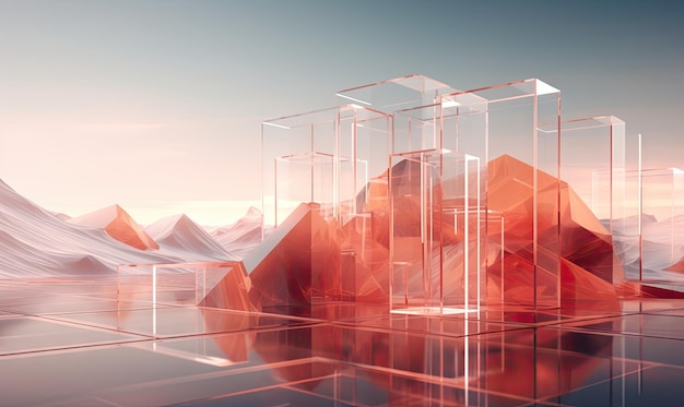 Scifi landschap skyline met geometrische glazen kubus en bergen AI Generative