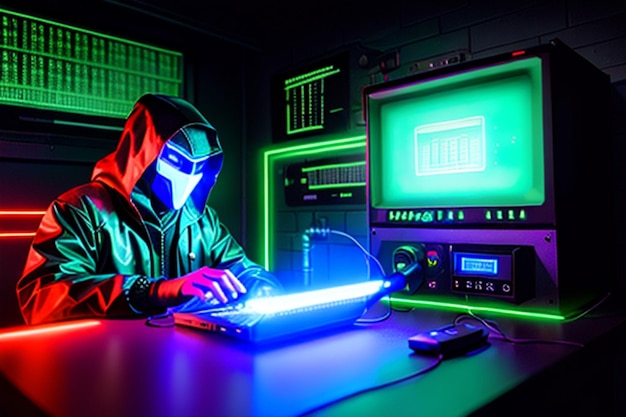 Scifi masked hacker is blacking electric meter Computer antimagnetic future computer