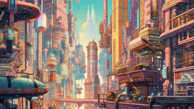 A scifi metropolis with holographic advertisements and towering skyscrapers Fantasy concept Illustration painting Generative AI