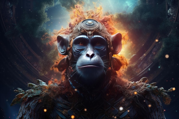 Scifi monkey wild animal fantasy creature with colorful sky dark background Generative Ai