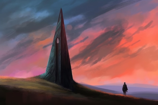 Scifi obelisk on a hill person in cloak performing ritual Fantasy 3D illustration Generative AI