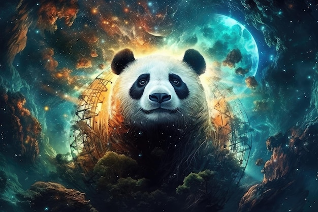 Scifi panda wild dier fantasie schepsel met kleurrijke hemel donkere achtergrond Generatieve Ai